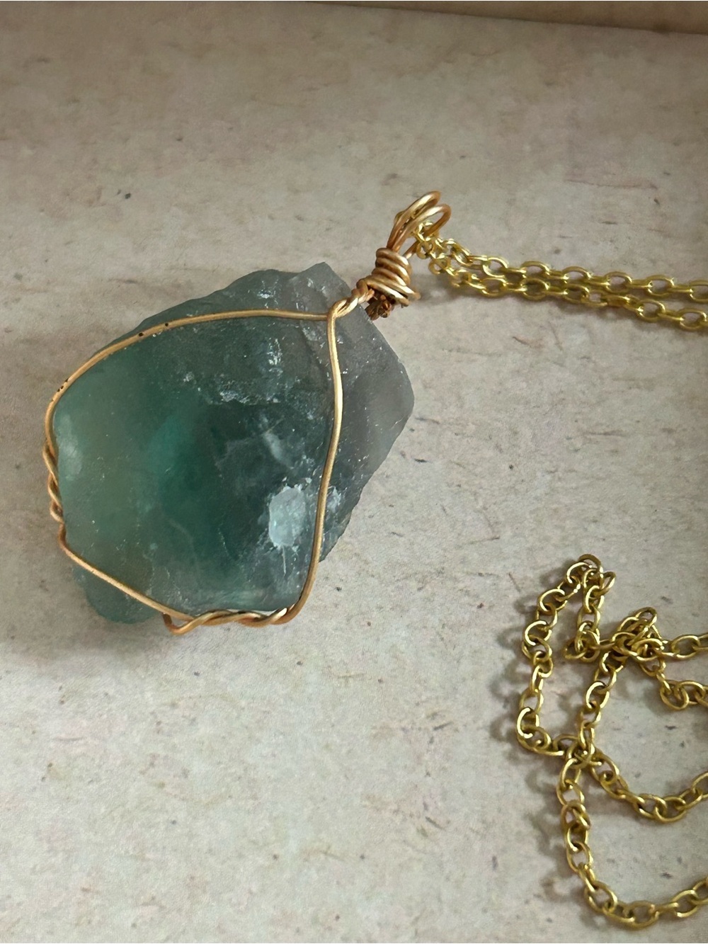 Flourite Gold Wire-Wrapped Sea Glass Pendant Necklace - Green